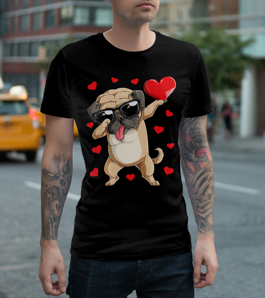 Dabbing Pug Holding Heart Surrounded by Red Hearts Valentines Day T-Shirt