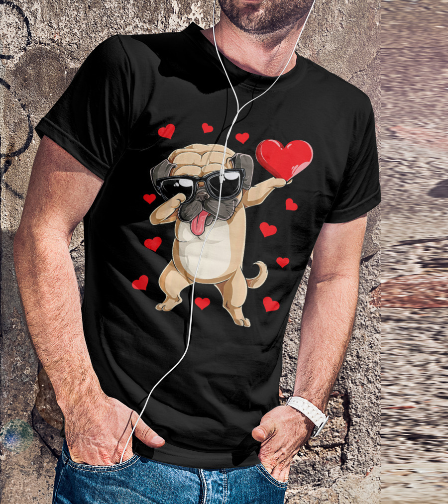 Dabbing Pug Holding Heart Surrounded By Red Hearts Valentines Day T-Shirt
