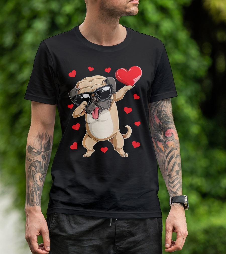Dabbing Pug Holding Heart Surrounded By Red Hearts Valentines Day T-Shirt