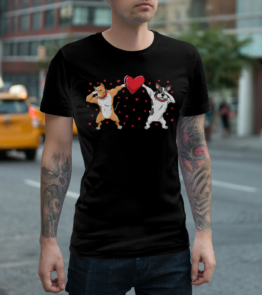 Pitbull Bulldog Dabbing with Heart Valentines T-Shirt