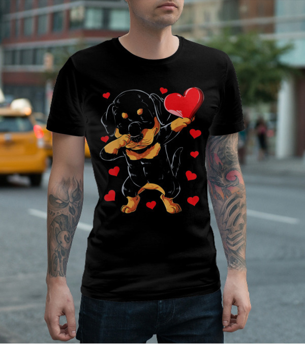 Dabbing Rottweiler Heart Valentine With Red Hearts T-Shirt