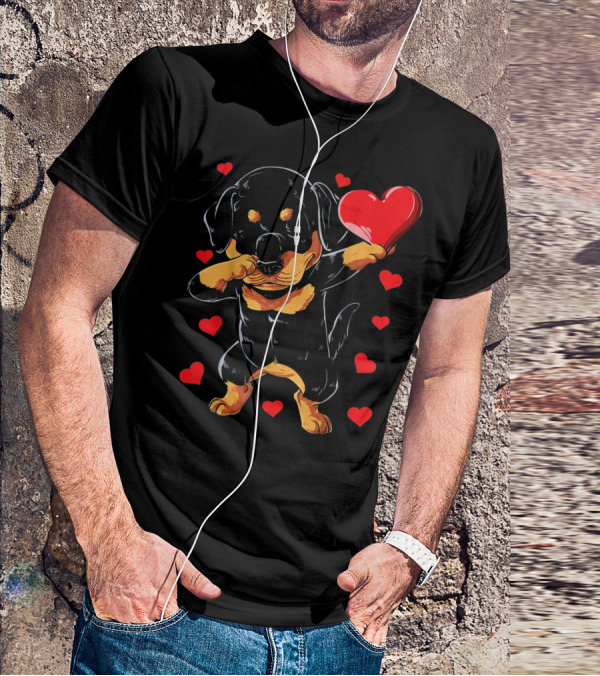 Dabbing Rottweiler Heart Valentine With Red Hearts T-Shirt