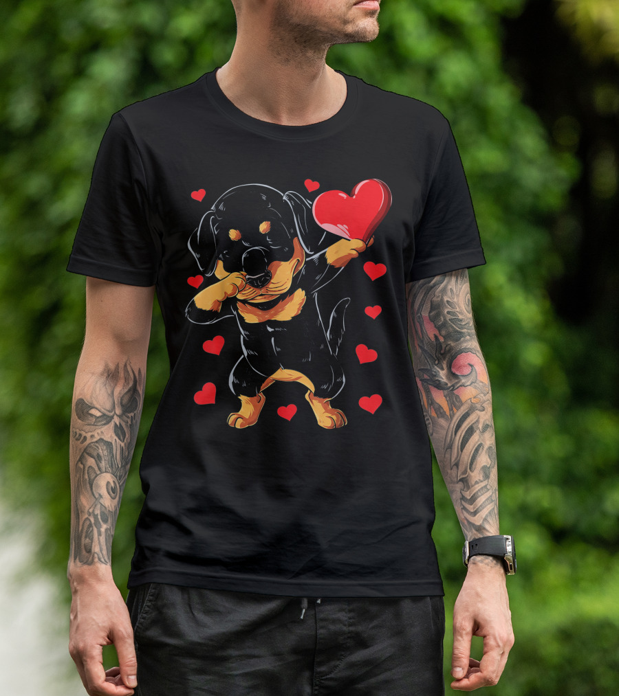 Dabbing Rottweiler Heart Valentine With Red Hearts T-Shirt