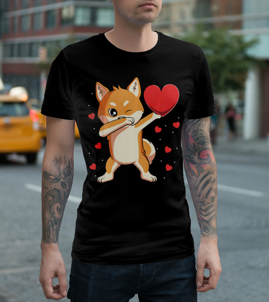 Dabbing Shiba Inu Holding Heart Valentine’s Day Dog with Hearts T-Shirt