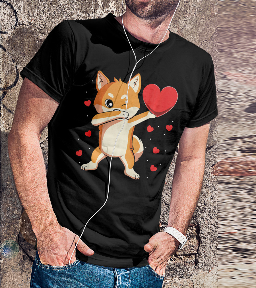 Dabbing Shiba Inu Holding Heart Valentine’s Day Dog With Hearts T-Shirt