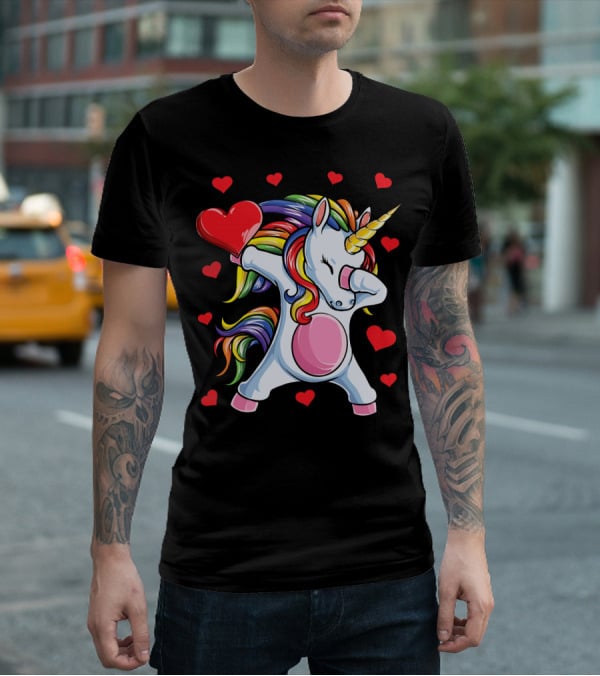 Rainbow Dabbing Unicorn With Hearts Valentine's T-Shirt