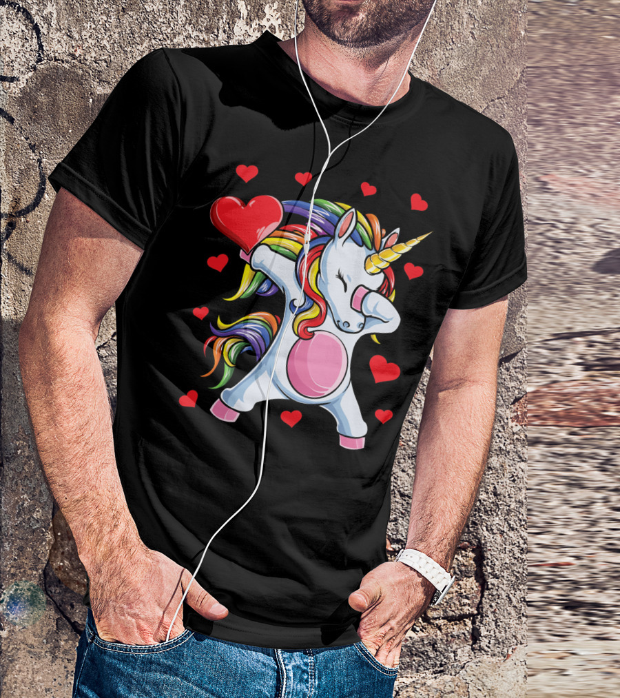 Rainbow Dabbing Unicorn With Hearts Valentine's T-Shirt