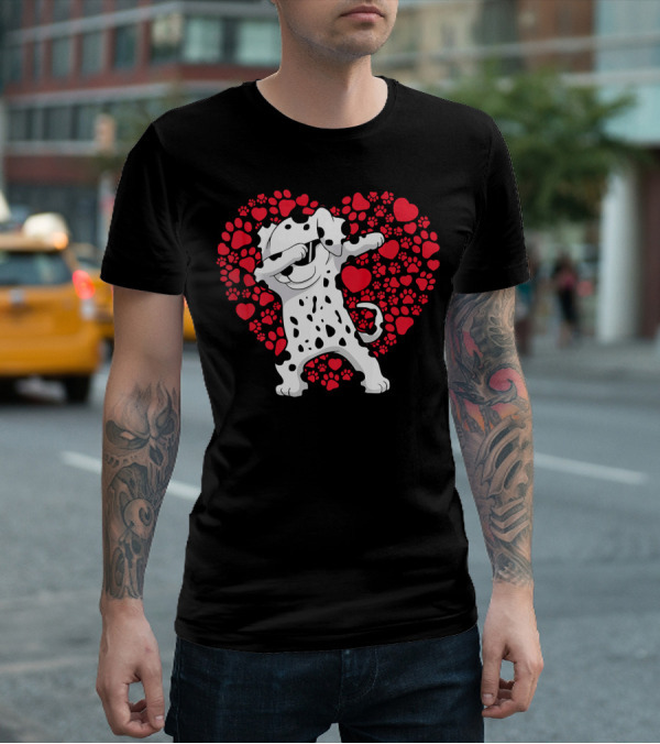 Dalmatian Dog Dabbing With Heart-Shaped Paw Print Valentine Fun T-Shirt
