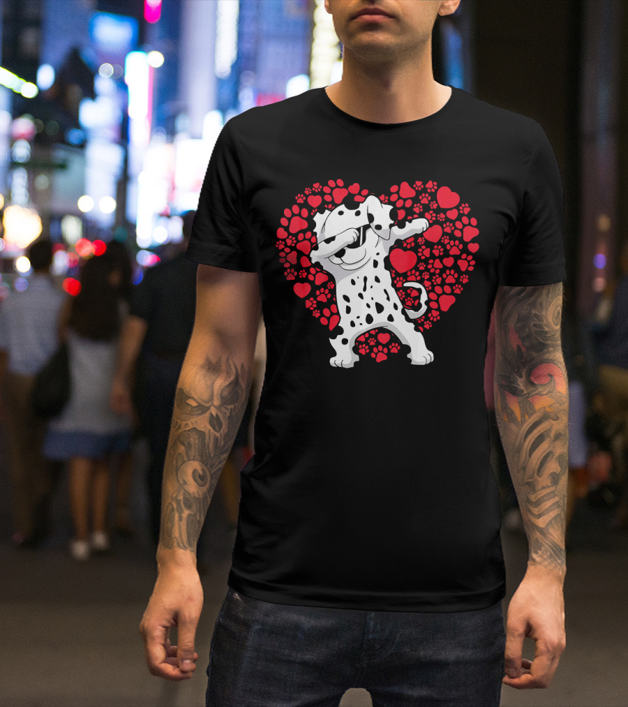 Dalmatian Dog Dabbing With Heart-Shaped Paw Print Valentine Fun T-Shirt