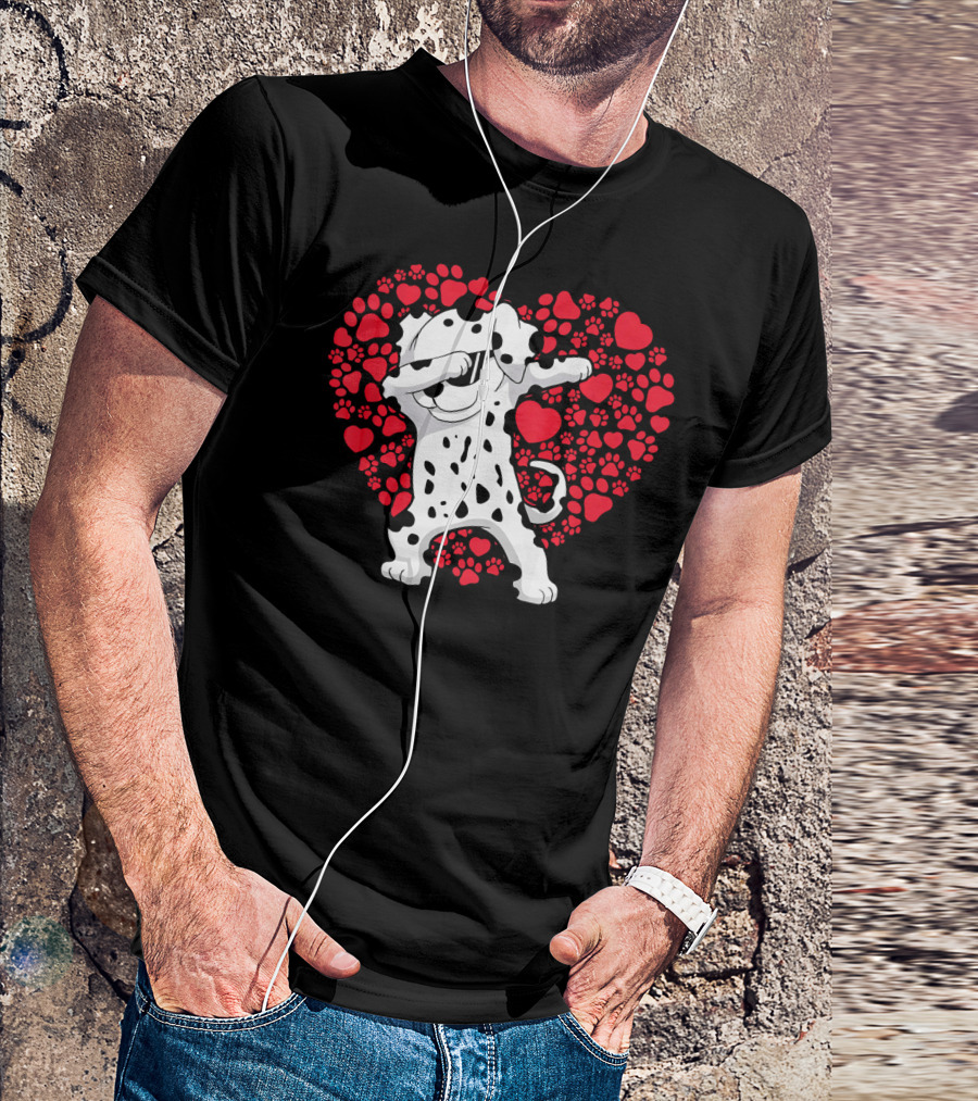 Dalmatian Dog Dabbing With Heart-Shaped Paw Print Valentine Fun T-Shirt
