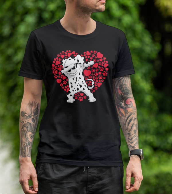 Dalmatian Dog Dabbing With Heart-Shaped Paw Print Valentine Fun T-Shirt