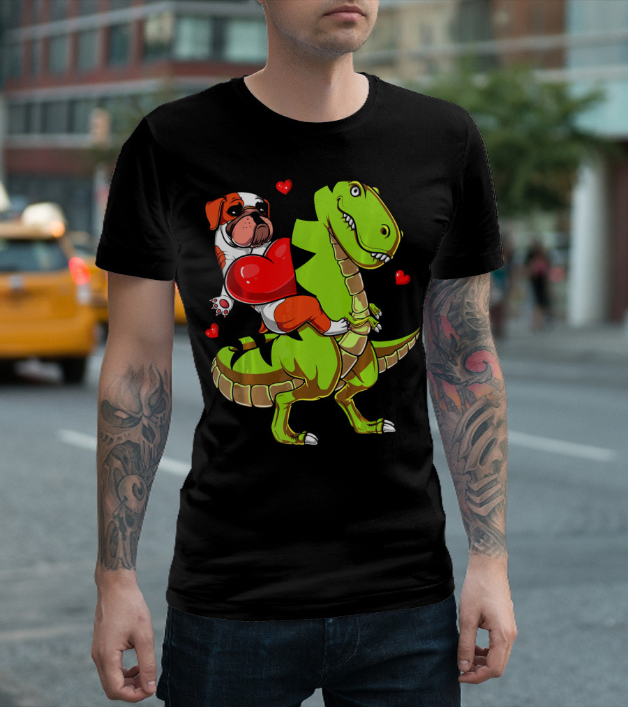 English Bulldog Hugging Red Heart Riding Green T-Rex Dinosaur with Hearts T-Shirt