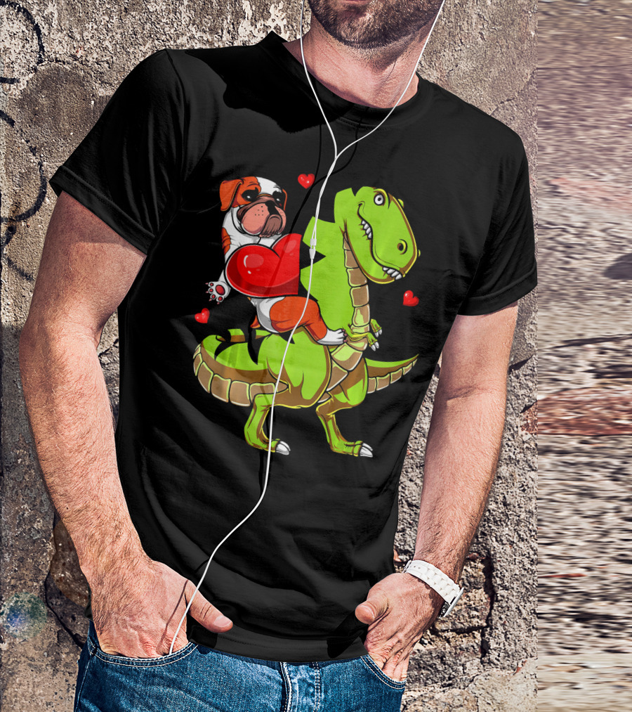 English Bulldog Hugging Red Heart Riding Green T-Rex Dinosaur With Hearts T-Shirt