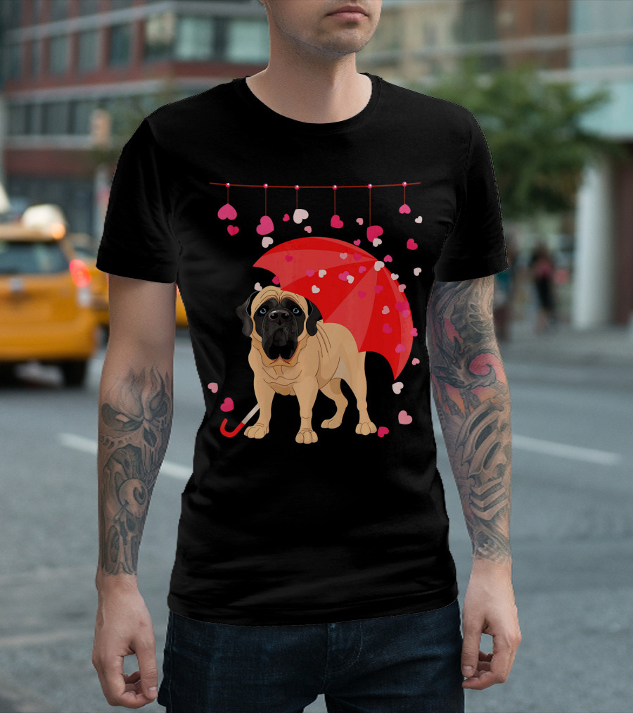 English Mastiff Under Red Umbrella With Raining Hearts Valentine T-Shirt