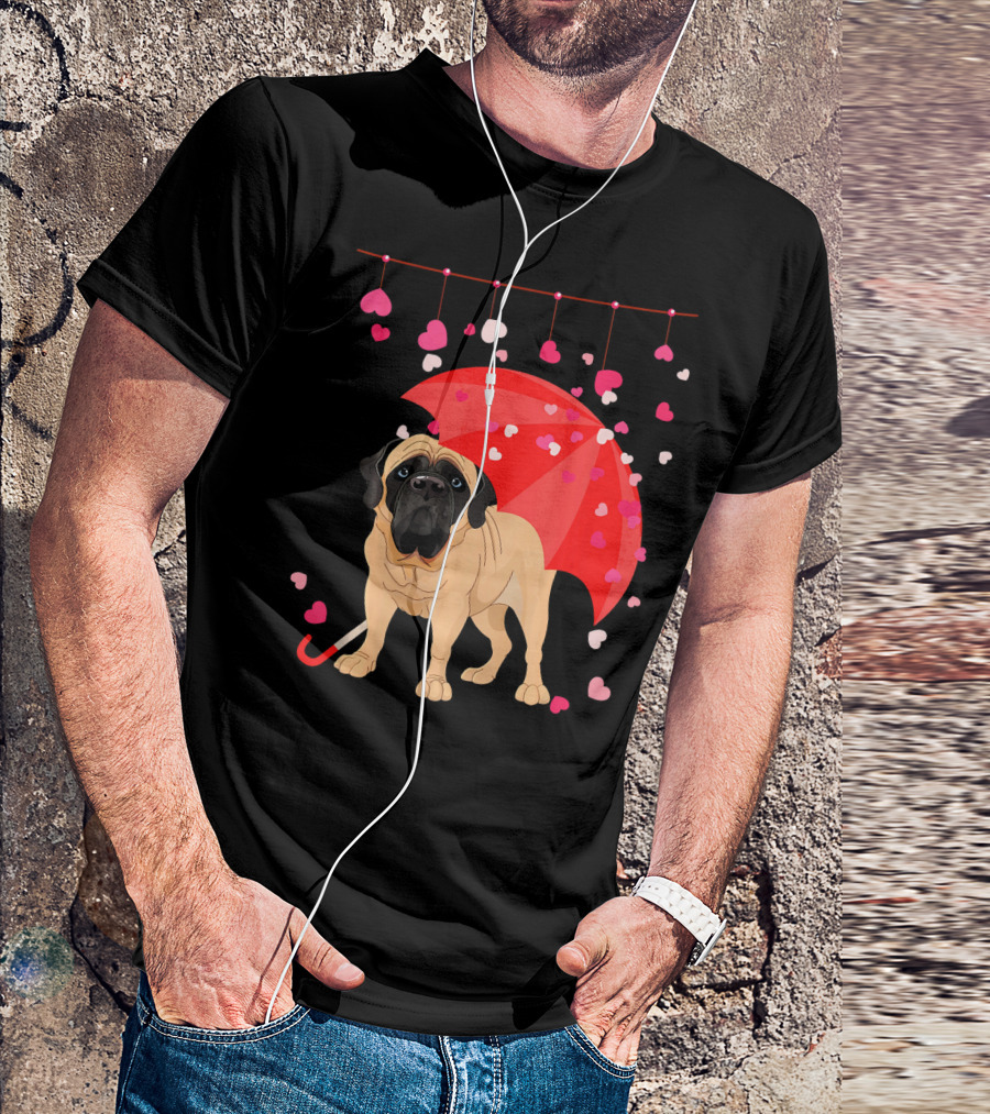 English Mastiff Under Red Umbrella With Raining Hearts Valentine T-Shirt