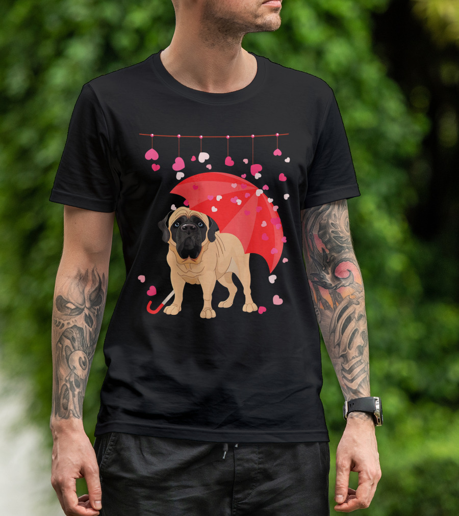 English Mastiff Under Red Umbrella With Raining Hearts Valentine T-Shirt