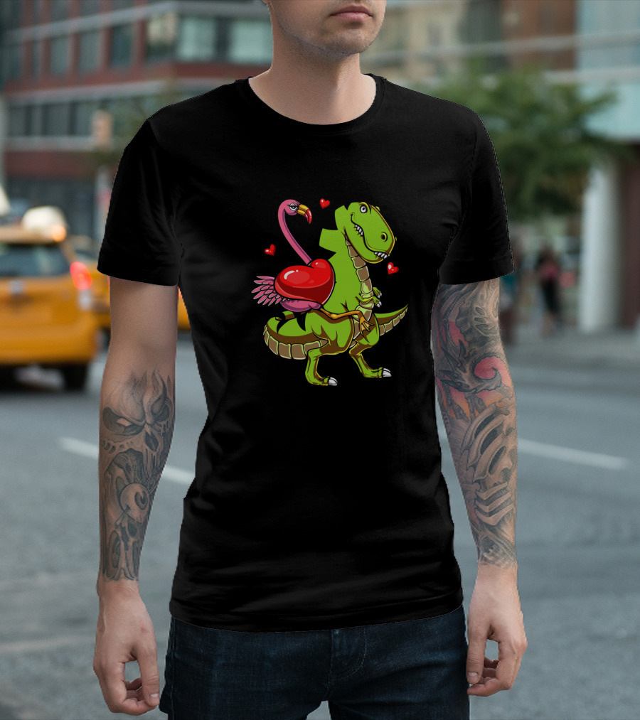 Flamingo Riding T-Rex Dinosaur With Hearts T-Shirt