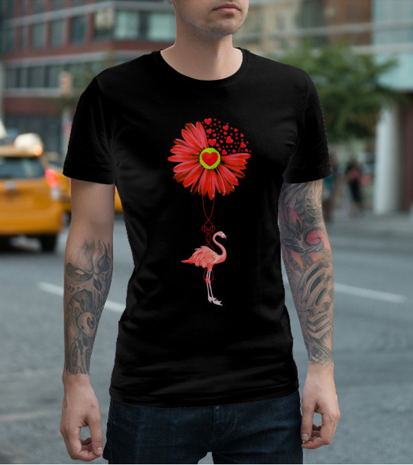 Flamingo With Red Heart Sunflower And Balloon Of Love T-Shirt