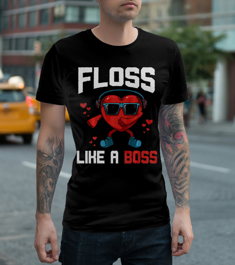 Floss Like A Boss Heart Sunglasses Headphones Valentine's Day T-Shirt