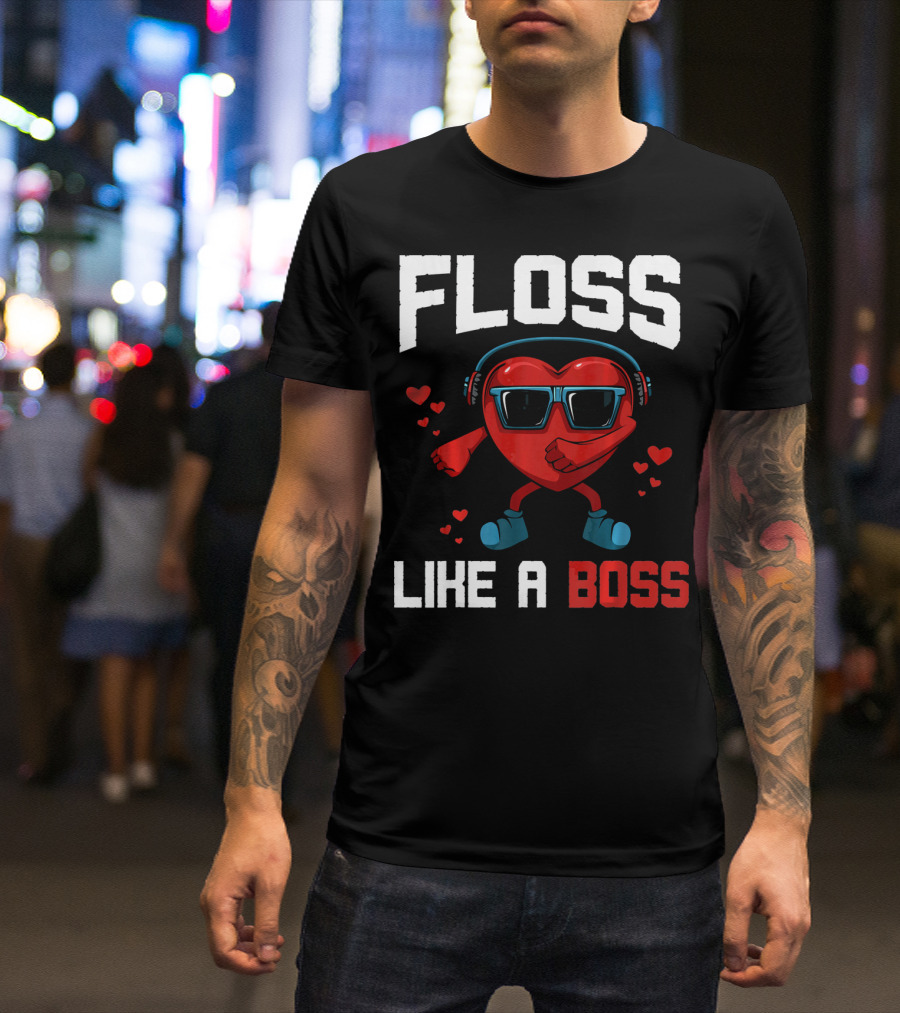 Floss Like A Boss Heart Sunglasses Headphones Valentine's Day T-Shirt