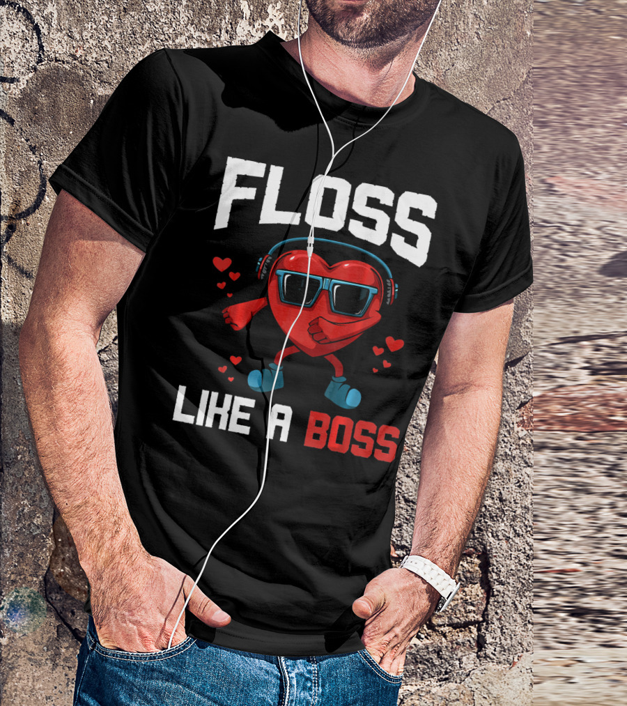 Floss Like A Boss Heart Sunglasses Headphones Valentine's Day T-Shirt