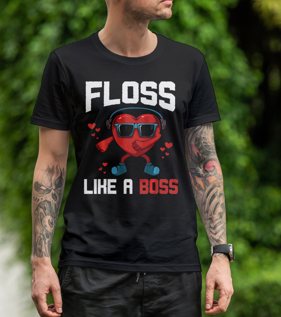 Floss Like A Boss Heart Sunglasses Headphones Valentine's Day T-Shirt