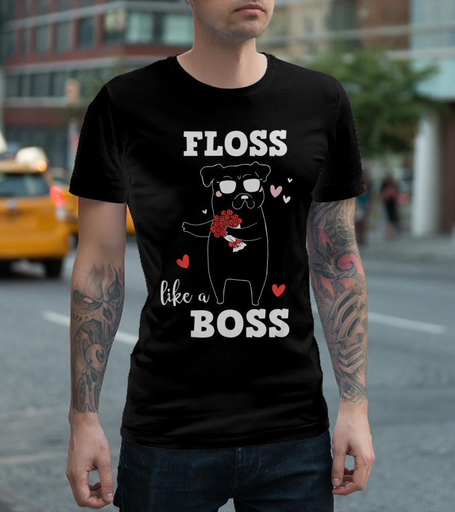Floss Like A Boss Valentines Day Dog Holding Flowers With Hearts T-Shirt