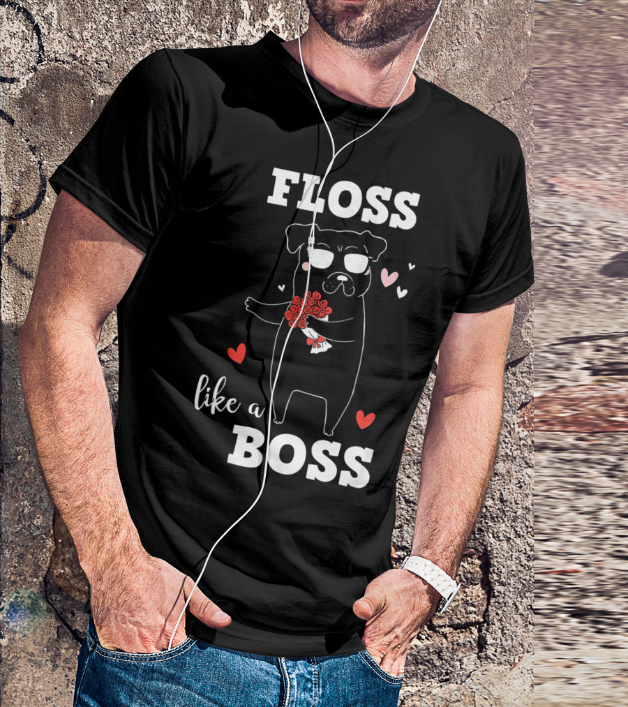 Floss Like A Boss Valentines Day Dog Holding Flowers With Hearts T-Shirt