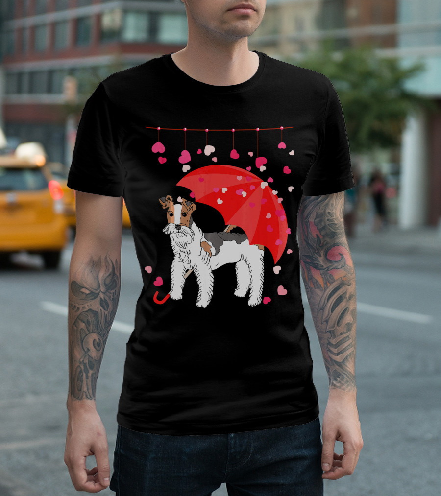 Fox Terrier with Red Umbrella and Falling Hearts Valentines T-Shirt