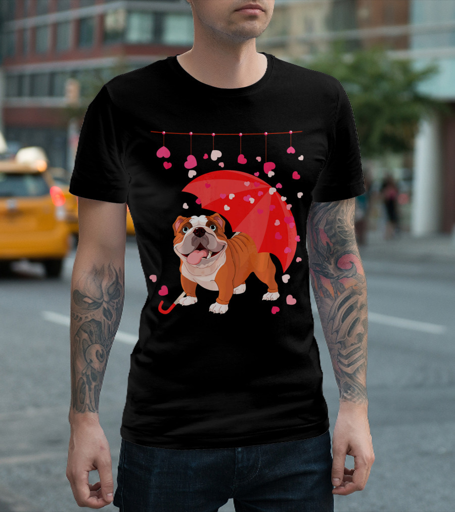 French Bulldog Raining Hearts Under Red Umbrella Valentines T-Shirt