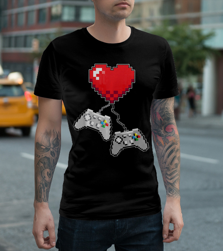 Pixel Heart Gaming Valentine Dual Controller Fun T-Shirt