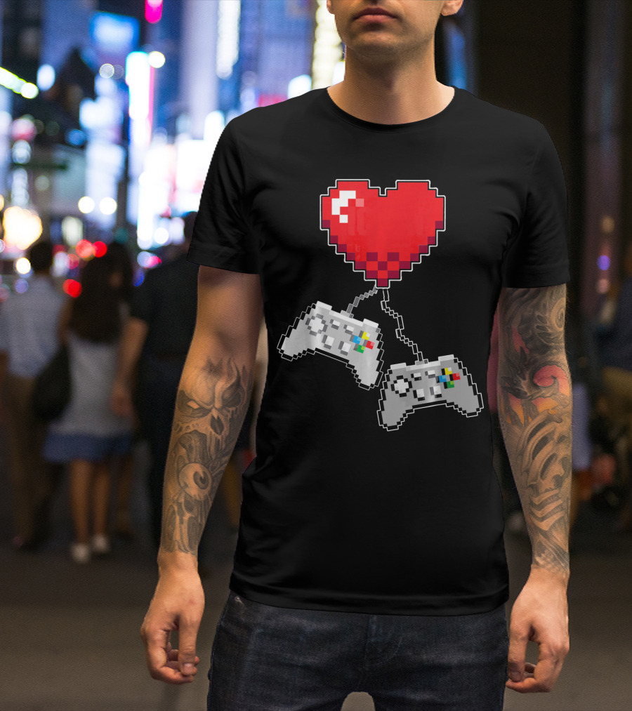 Pixel Heart Gaming Valentine Dual Controller Fun T-Shirt