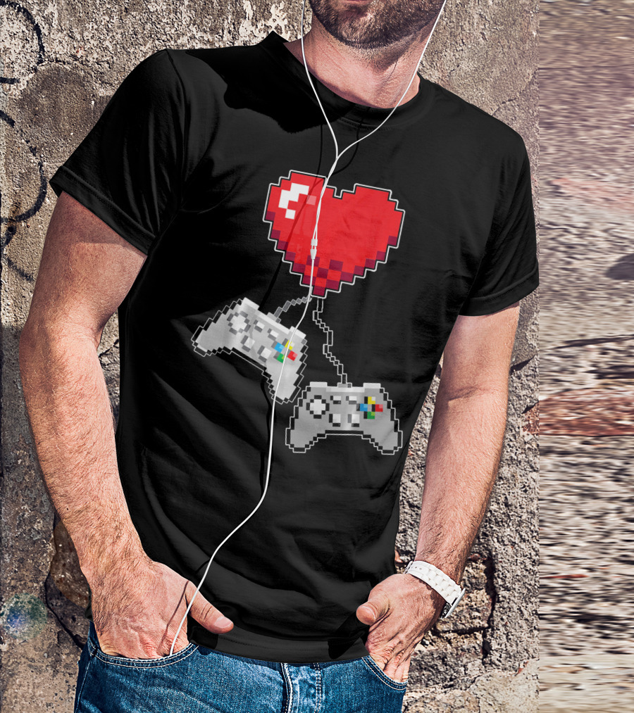 Pixel Heart Gaming Valentine Dual Controller Fun T-Shirt