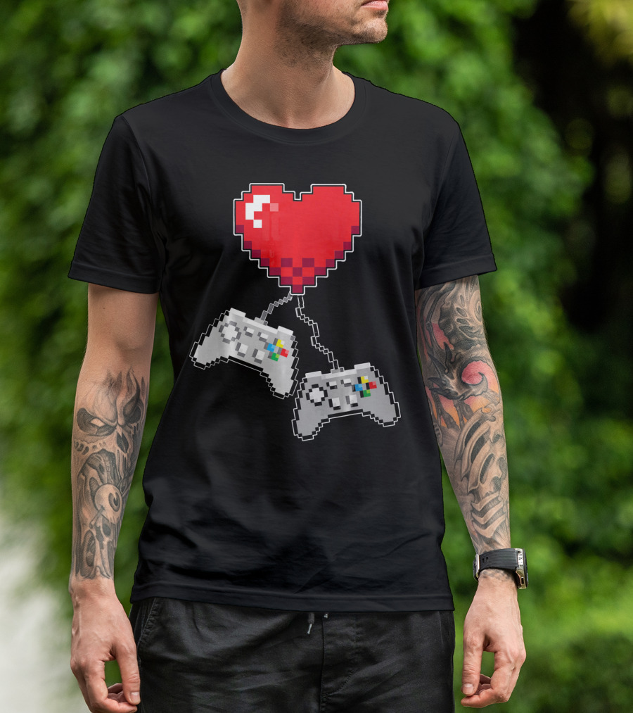 Pixel Heart Gaming Valentine Dual Controller Fun T-Shirt