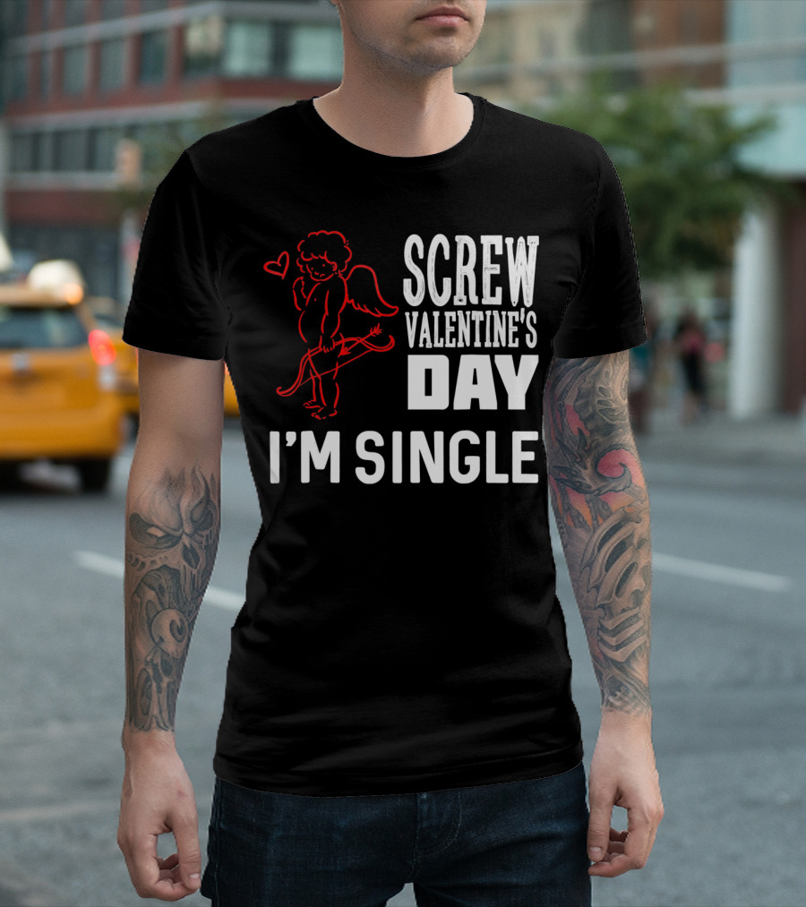 Screw Valentine's Day I'm Single Cupid Heart Drawing T-Shirt