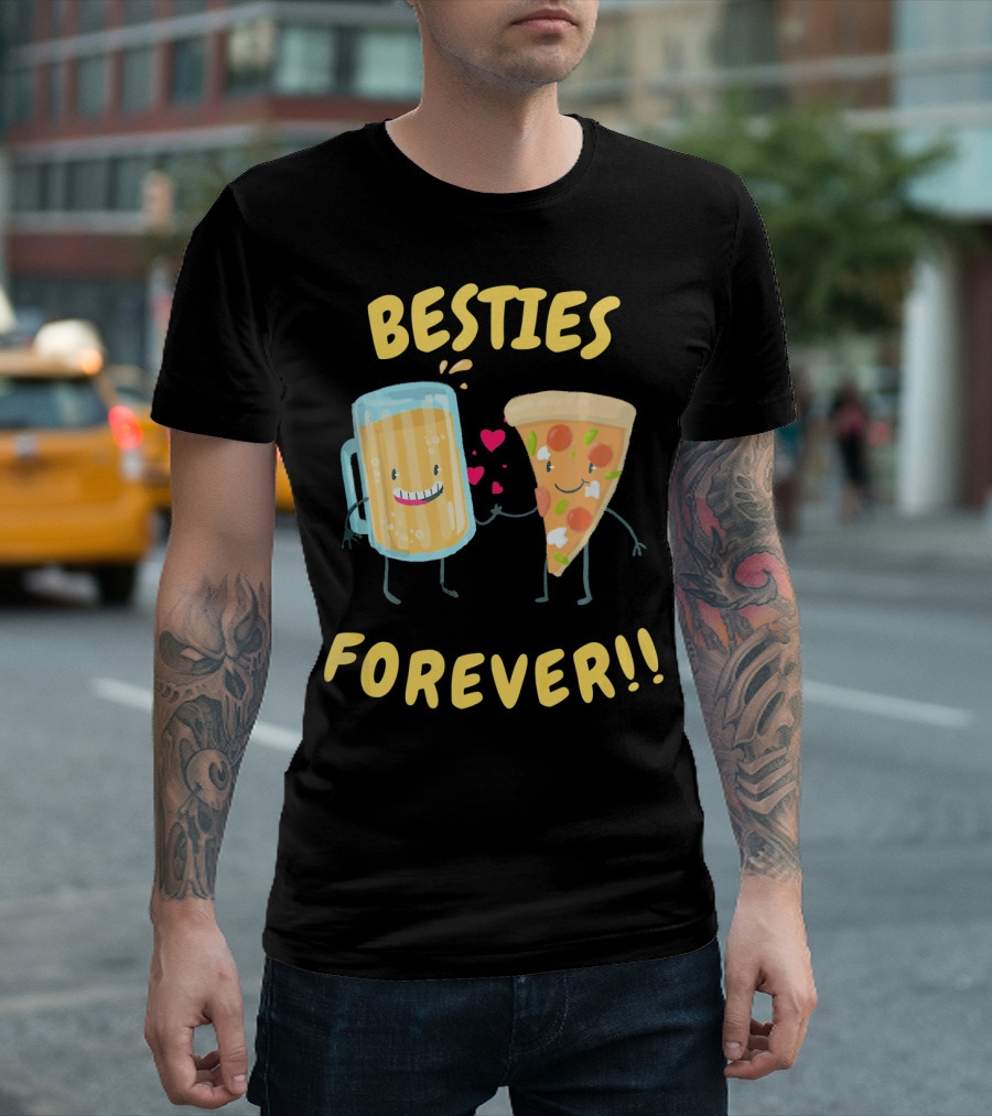 Besties Forever Beer and Pizza Lover Characters T-Shirt