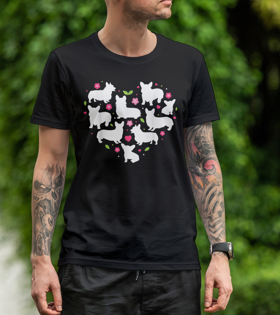 Corgi Silhouettes Heart Valentines Day Cute Dogs And Flowers T-Shirt