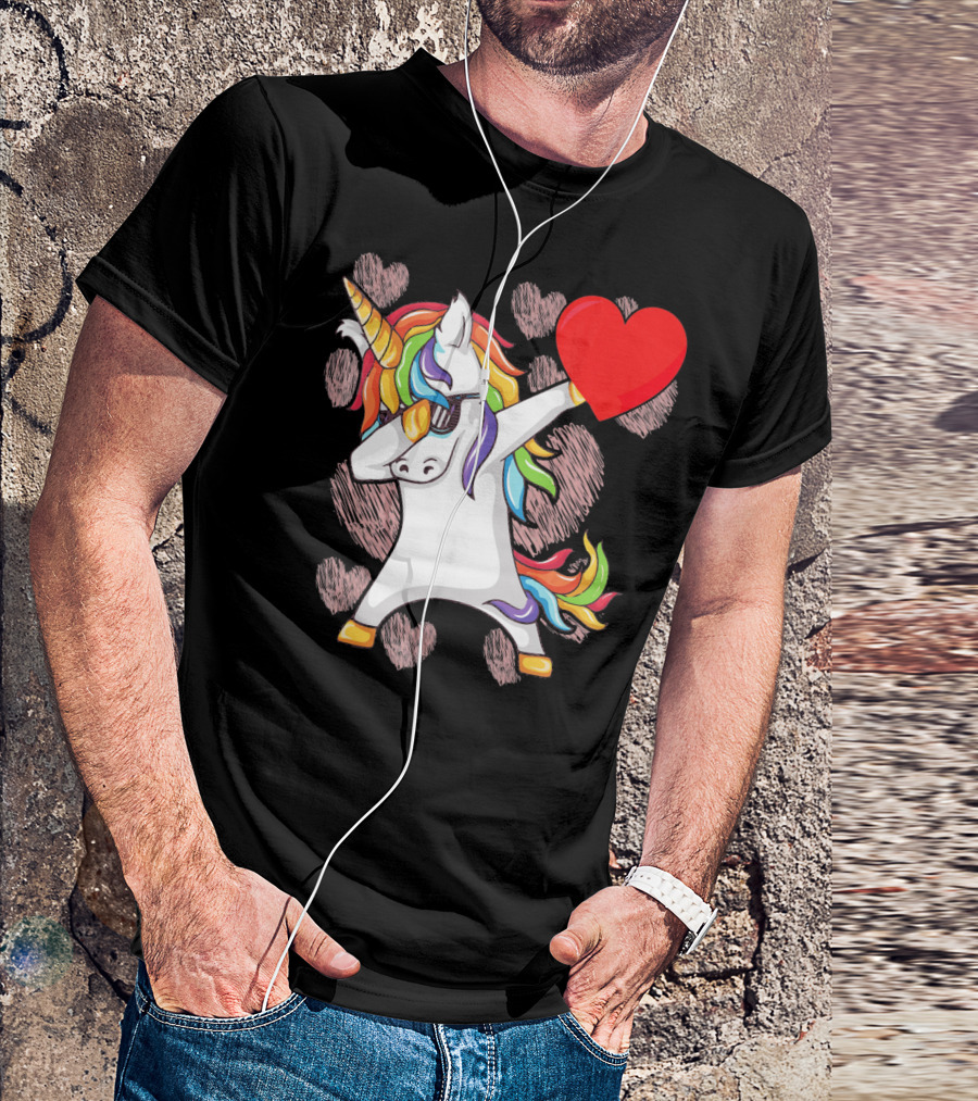 Funny Dabbing Unicorn Holding Heart Valentines T-Shirt