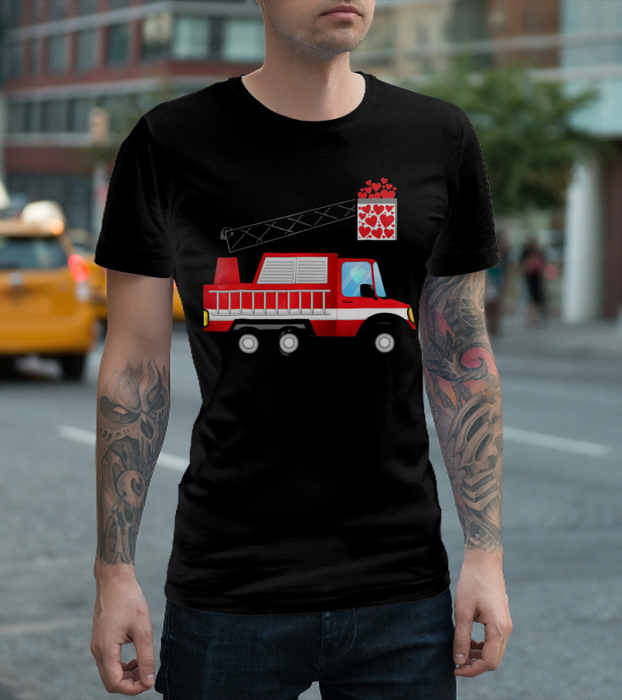 Valentine Hearts Fire Truck with Ladder and Firefighter Emblem T-Shirt