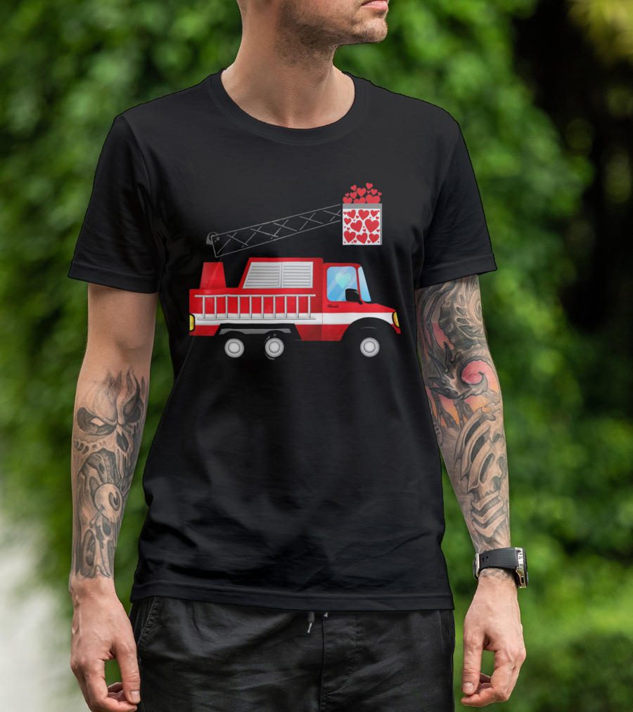 Valentine Hearts Fire Truck With Ladder And Firefighter Emblem T-Shirt