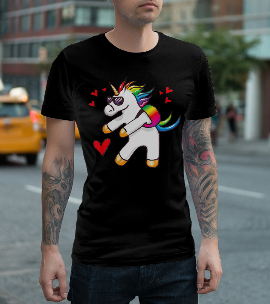 Valentine's Day Flossing Unicorn with Heart and Sunglasses T-Shirt