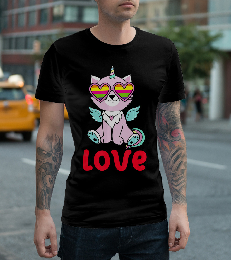 Valentines Day Love Heart Caticorn with Rainbow Sunglasses T-Shirt