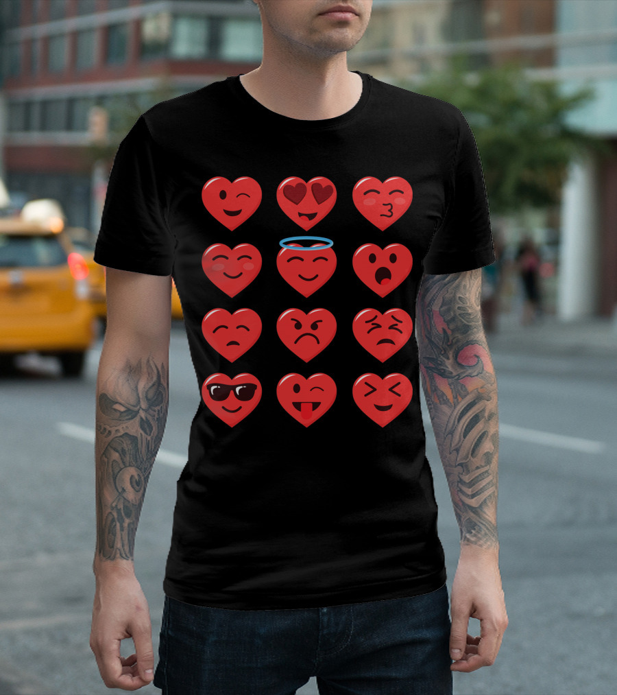 Funny Valentines Day Heart Emojico Winking Heart Eyes Angel Sunglasses Tongue Out T-Shirt