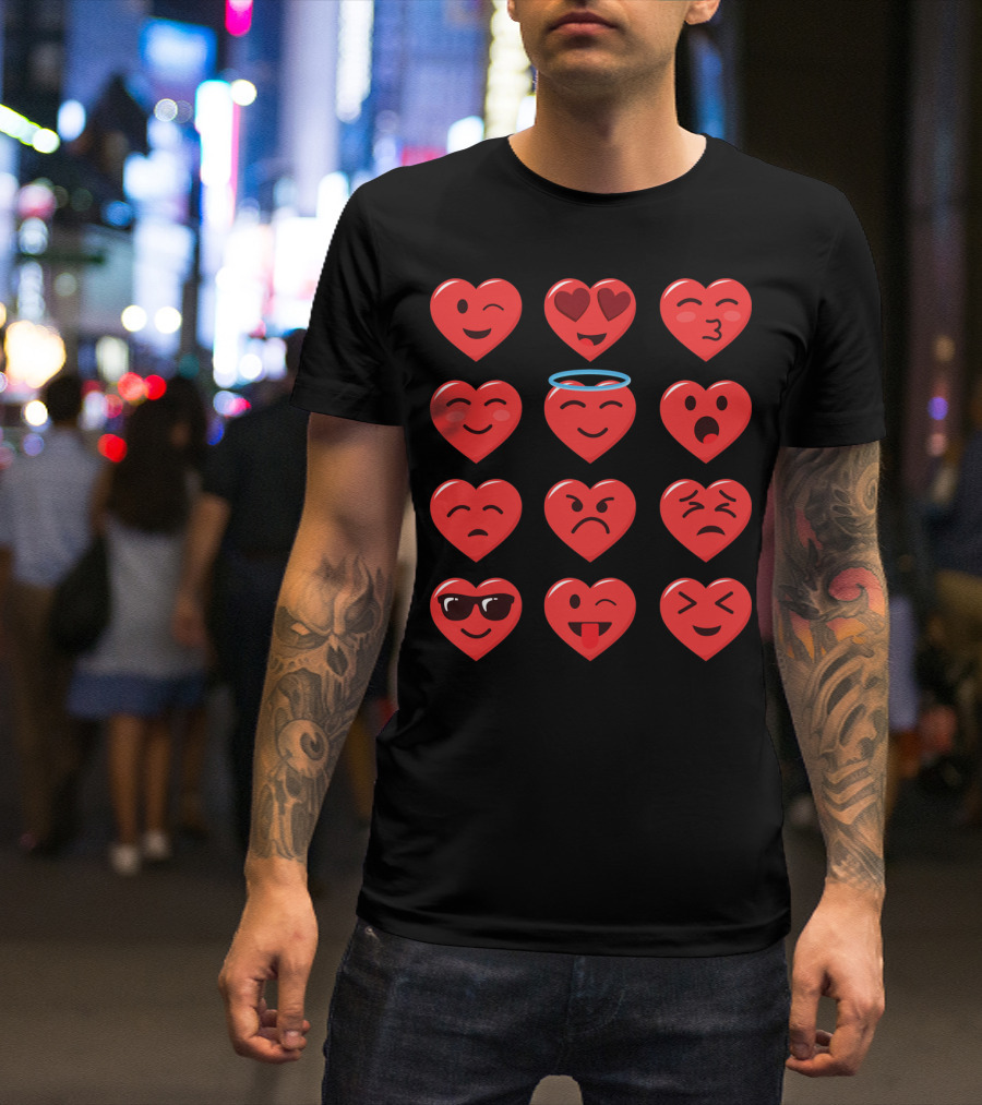 Funny Valentines Day Heart Emojico Winking Heart Eyes Angel Sunglasses Tongue Out T-Shirt