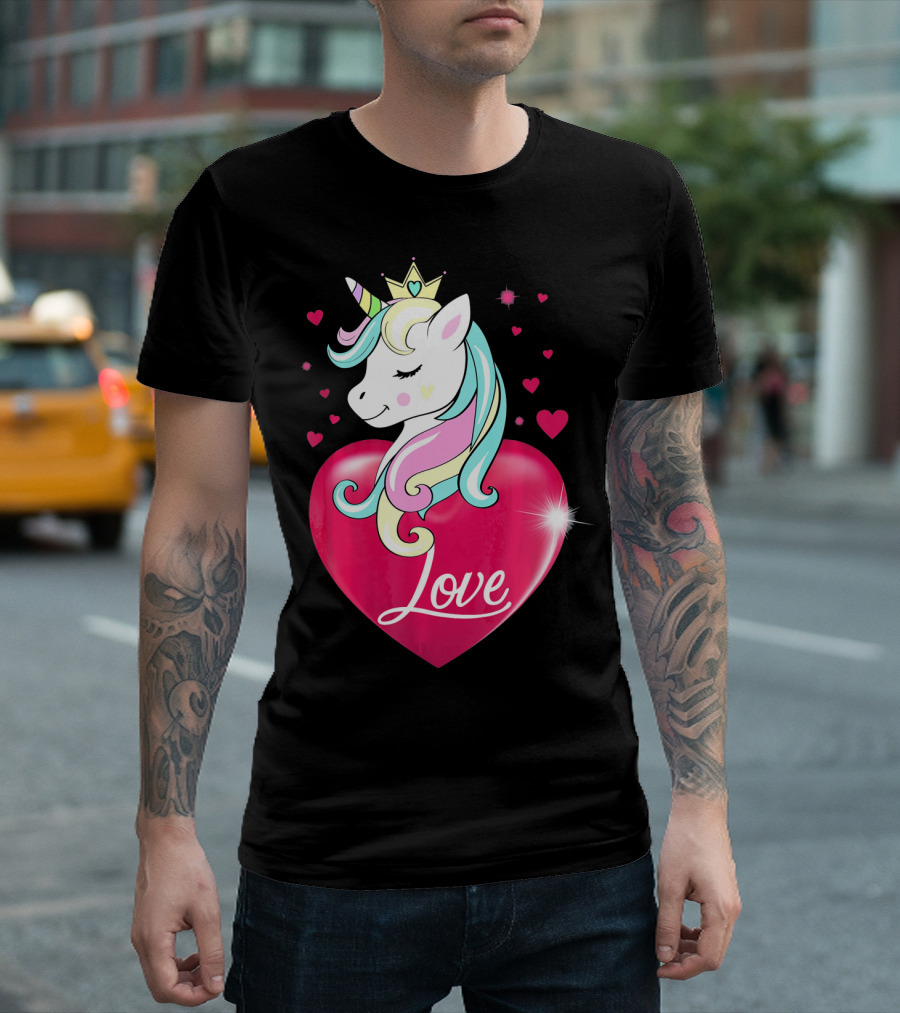 Love Heart Unicorn With Crown And Hearts Valentine's Day T-Shirt