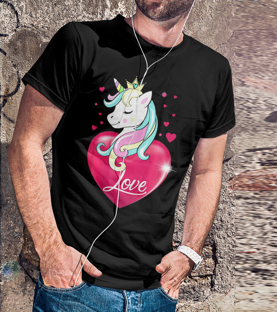 Love Heart Unicorn With Crown And Hearts Valentine's Day T-Shirt