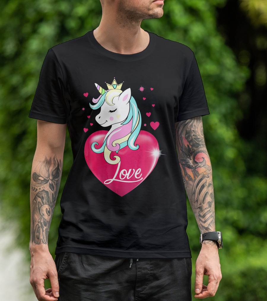 Love Heart Unicorn With Crown And Hearts Valentine's Day T-Shirt