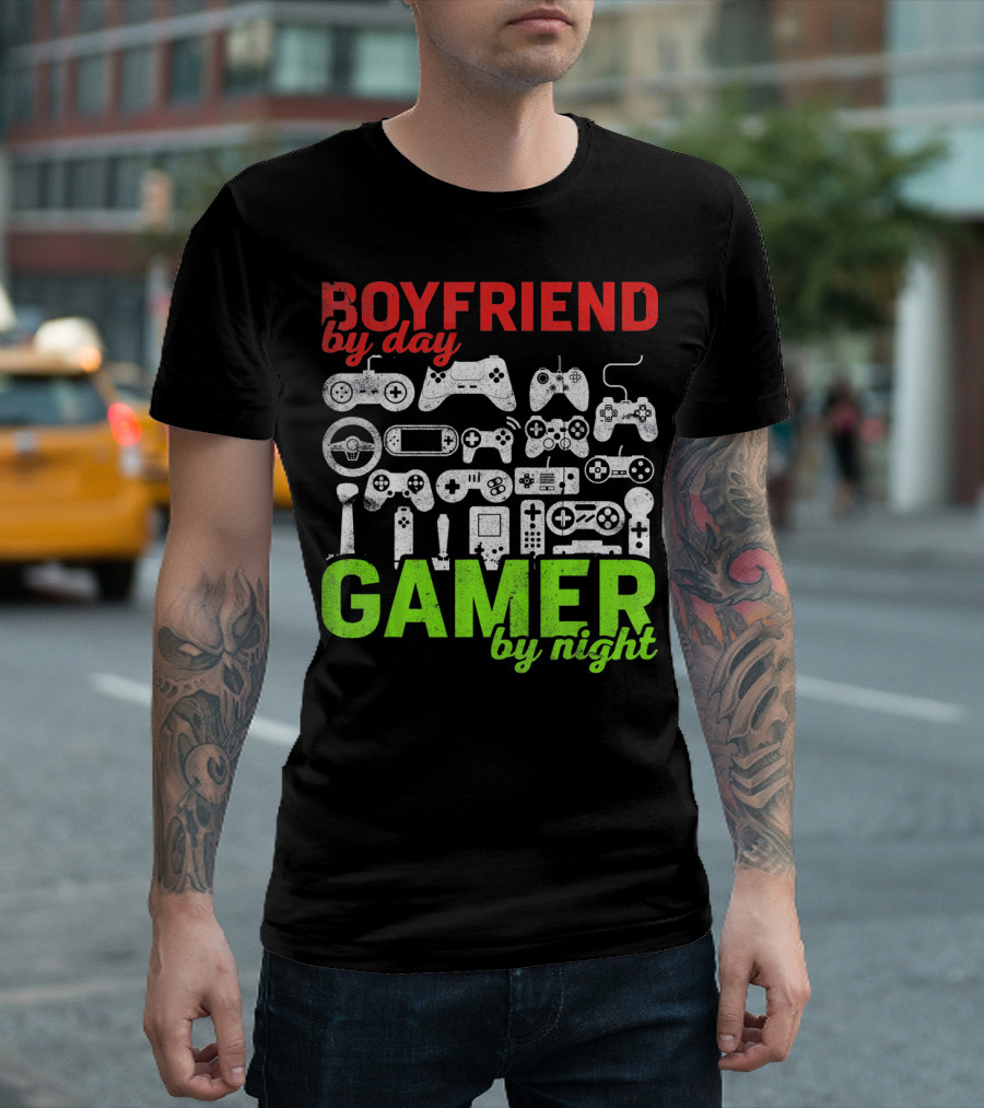 Boyfriend By Day Gamer By Night Valentines Day Gamer Controllers T-Shirt