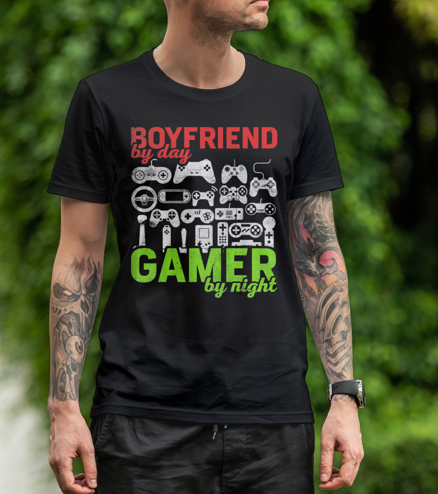 Boyfriend By Day Gamer By Night Valentines Day Gamer Controllers T-Shirt