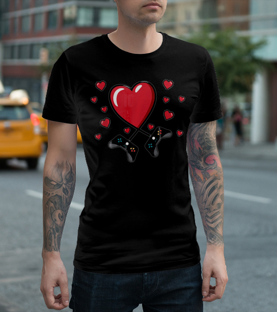 Gamer Valentine's Day Heart with Video Game Controllers and Hearts T-Shirt